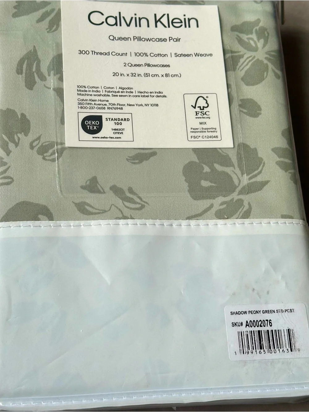 Calvin Klein Queen Pillowcase Pair Shadow Peony Green Brand New
